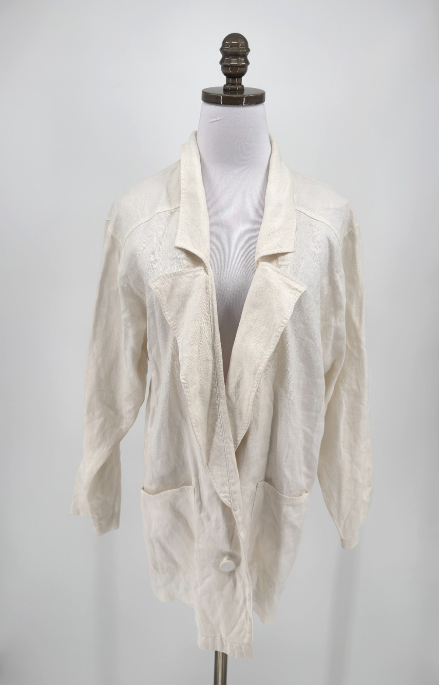 Vintage 90's Stefano Studio Ivory Linen Relaxed Boho Collared Blazer Jacket Sz S